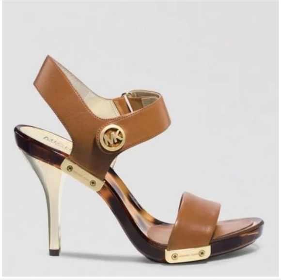 New 🐆 Michael Kor New Lani Sandal BrownLeather w/ Gold Emblems and Heel Size 10 - Picture 2 of 16